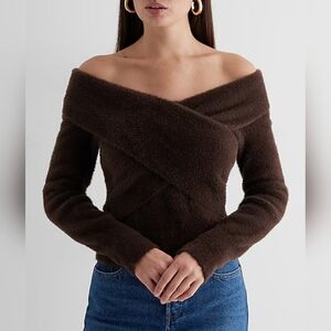Express Women's Brown Faux Fur Off The Shoulder Surplice Sweater XS Cozy Vegan